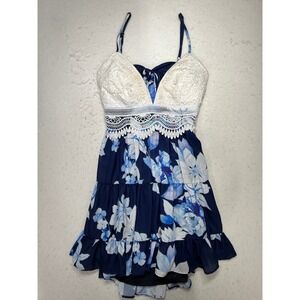 Chicways Womens Navy Blue Floral Crochet Lace Tie Back Mini Dress Medium